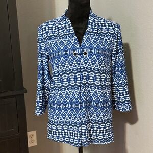 Ellen Weaver Blue White Geometric Print 3/4 Sleeve Blouse Size S Office Business